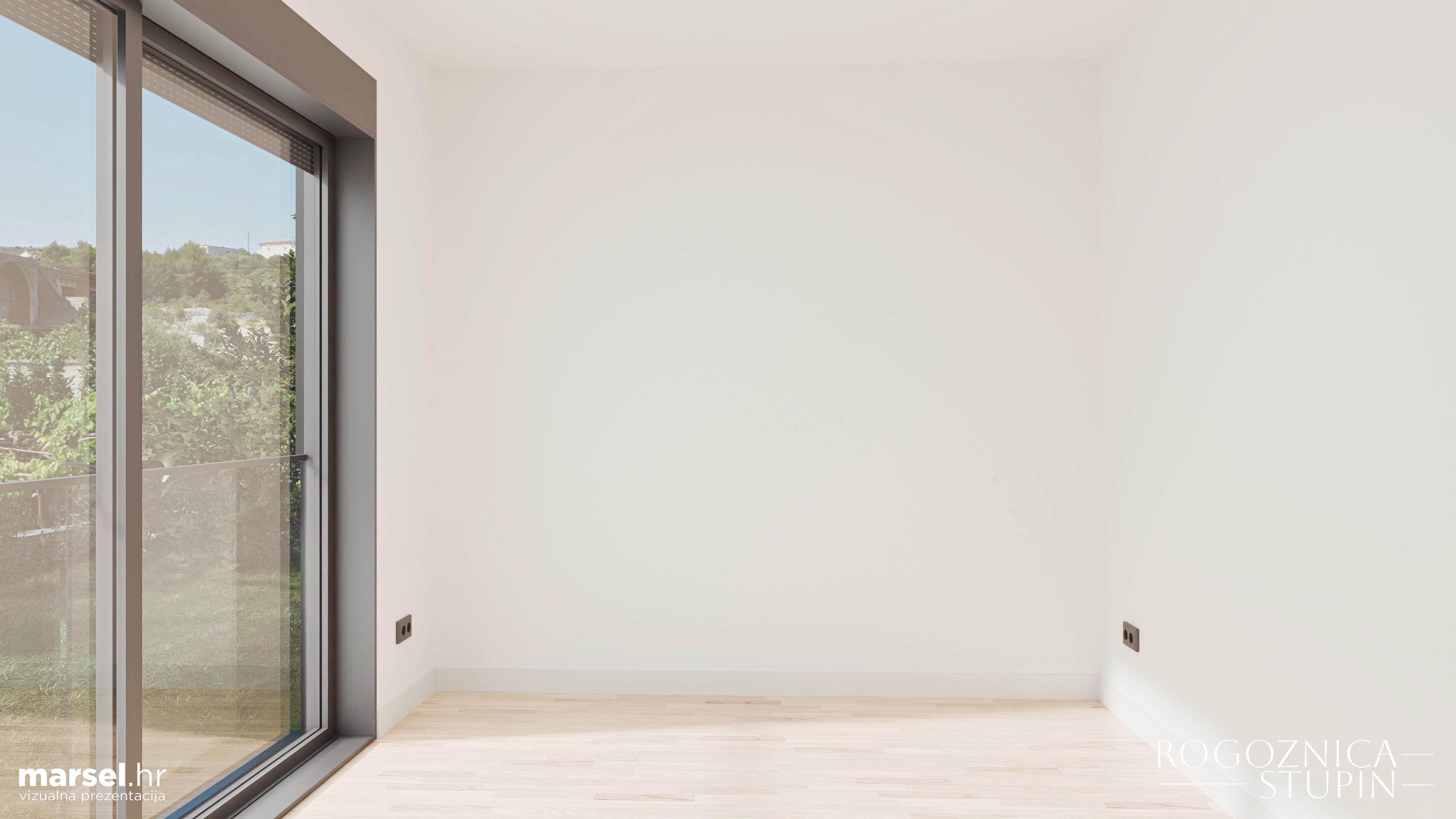 Vizualizacija interijera apartmana u novogradnji Rogoznica Stupin. Prostrani i svijetli unutarnji prostori s pogledom na more, idealni za stanovanje ili investiranje u apartman na dalmatinskoj obali.